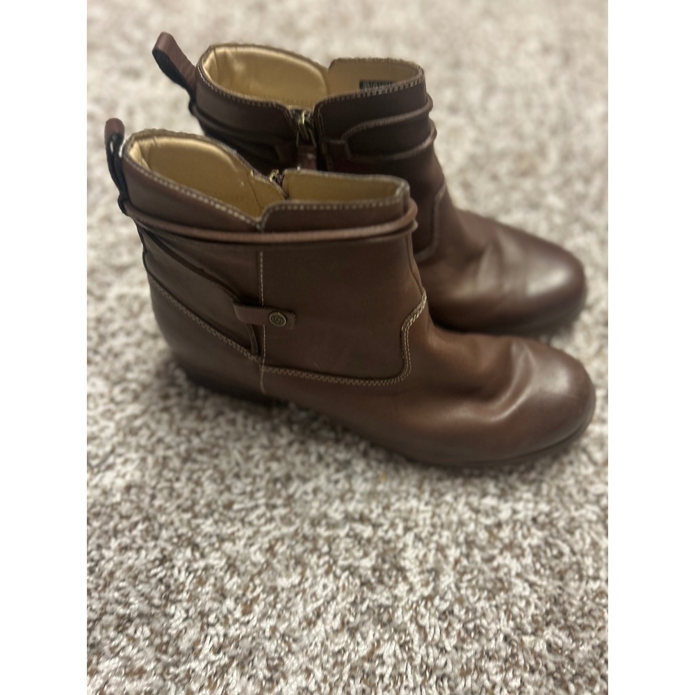 Spenco Brown Leather Orthotic Ankle Boots Side Zip Contrast Stitch Booties